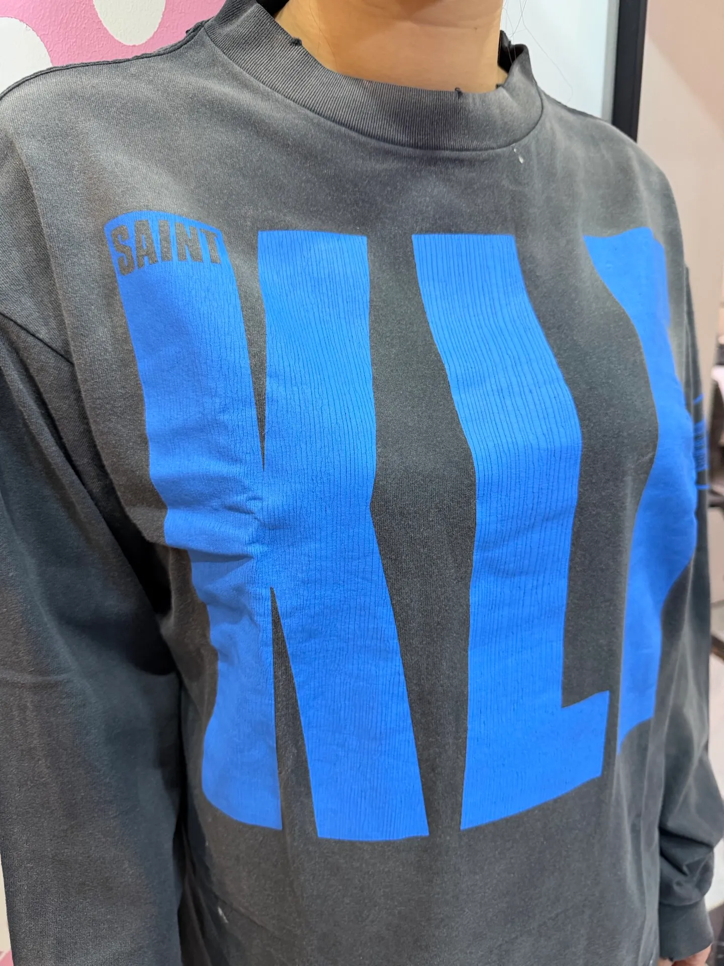 SAINT Mxxxxxx × The KLF BLUE KLF_LS TEE KLF/BLK Blue KLF tape recorder long sleeves Washed black S-XL Completely aligned Tube weaving fabric without side seams Garment dyeing Macau water fading and distressing Simulated sun washing and fading treatment Natural and perfect fading Hand-made holes and fraying Ink splashing treatment Correct main mark/wash mark/cherub anti-counterfeiting mark